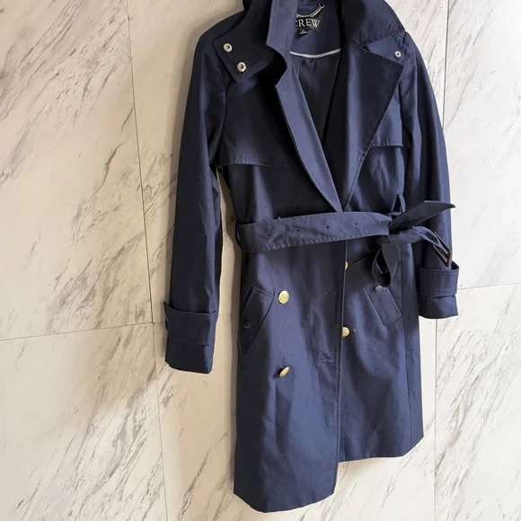 J. Crew Navy Icon Double-Breasted Belted Hooded Cotton Petite Trench Coat SZ 2P - Picture 5 of 13